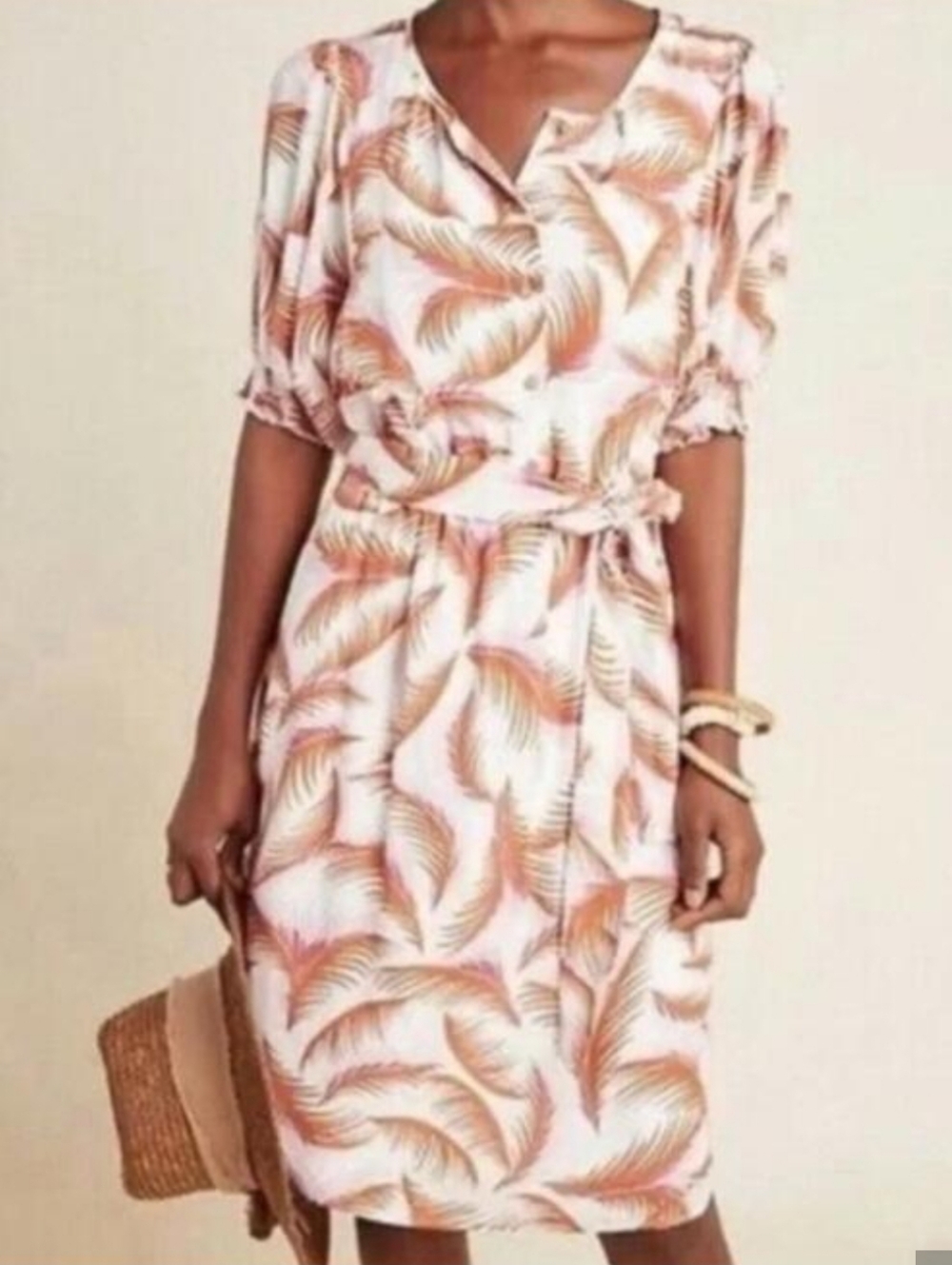 ANTHROPOLOGIE brown cream floral button down dress sz L